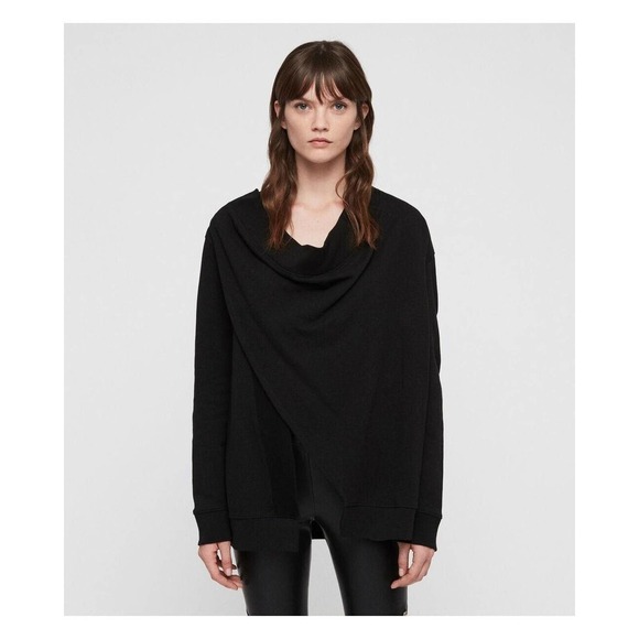 Allsaints Womens black Drina Asymmetrical Drape merino wool knit Jacket sz Small - Picture 1 of 12